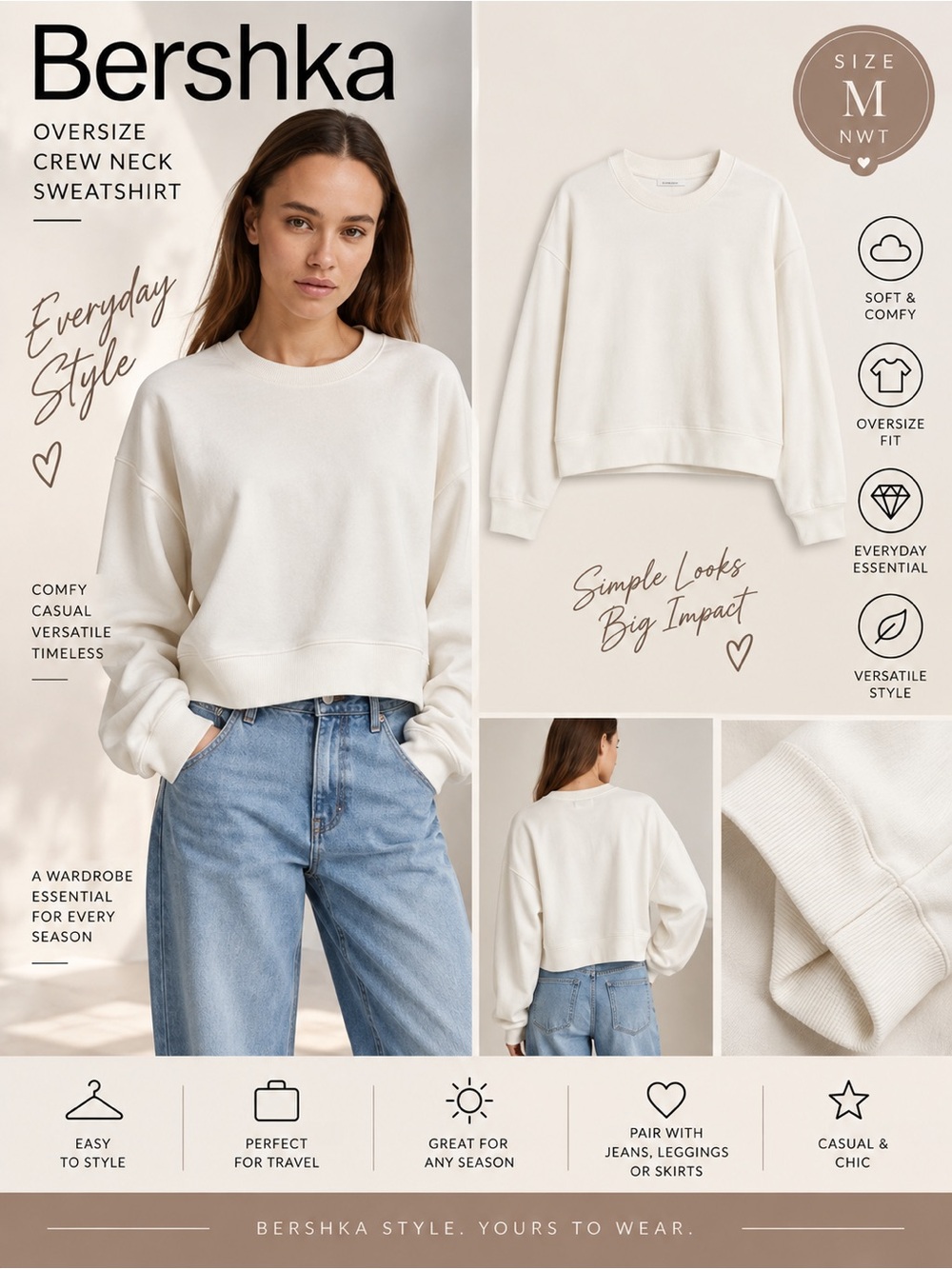 Bershka Cream Oversized Crew Neck Sweatshirt Size M NWT 7027/443